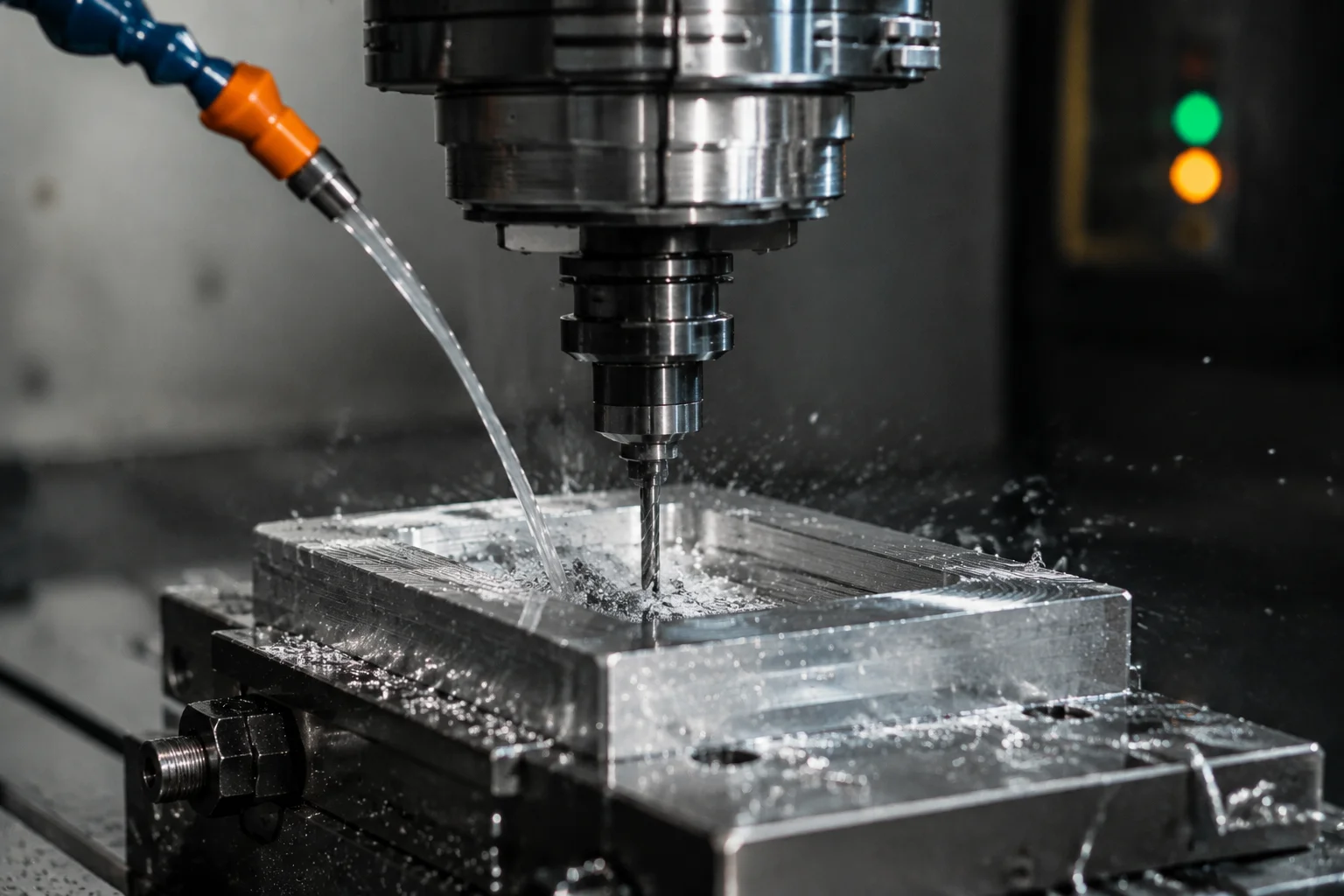 CNC end mill cutting aluminum block with coolant spray and metal chips — CNC machining process close-up — detailed illustration for WERIX Metal blog article CNC end mill cutting aluminum block with coolant spray and metal chips — CNC machining process close-up