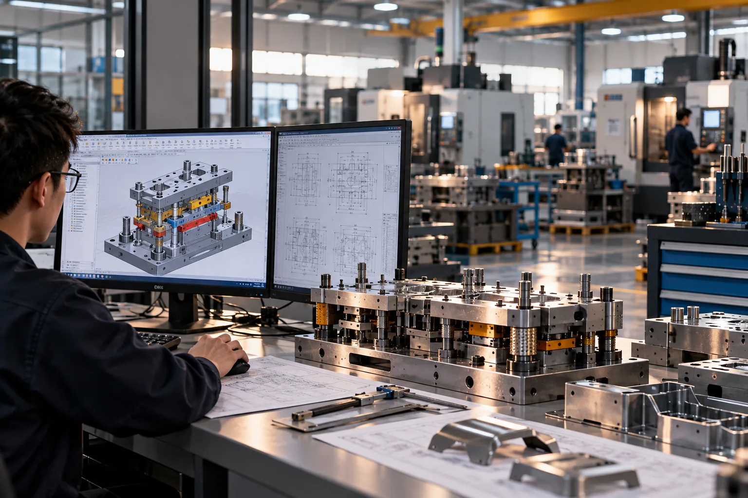 In-house die design workstation with CAD strip layout and 3D die model at WERIX Metal — WERIX Metal precision sheet metal fabrication In-house die design workstation with CAD strip layout and 3D die model at WERIX Metal