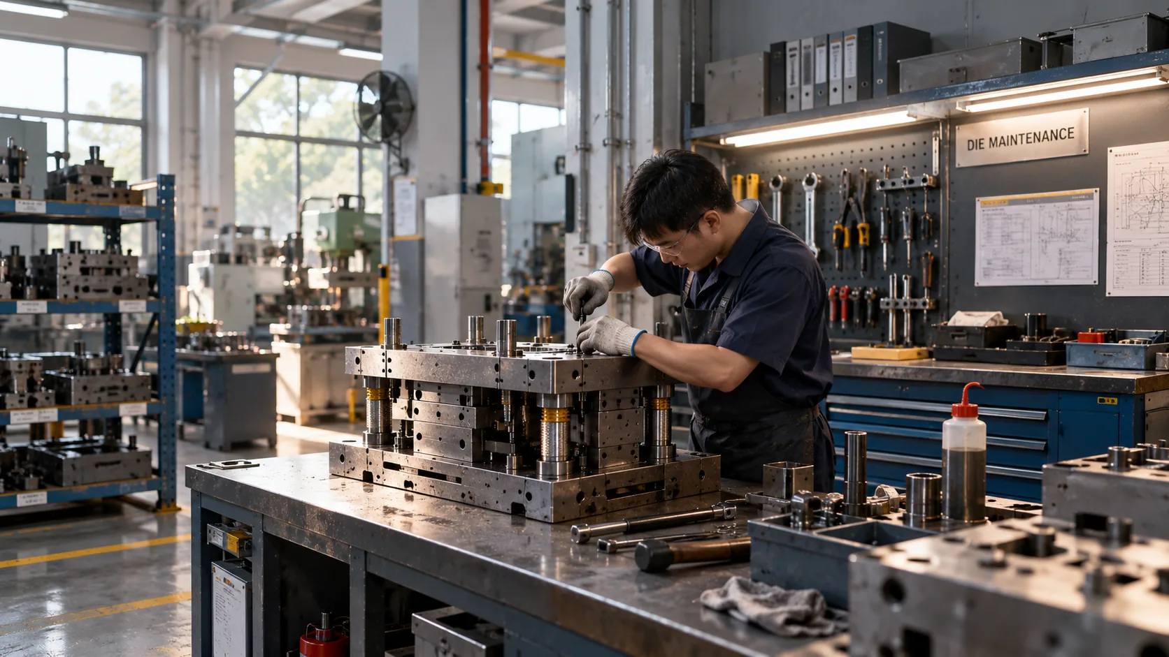 Die maintenance on a stamping tool — inspection and regrind in the WERIX tool room — WERIX Metal precision sheet metal fabrication Die maintenance on a stamping tool — inspection and regrind in the WERIX tool room