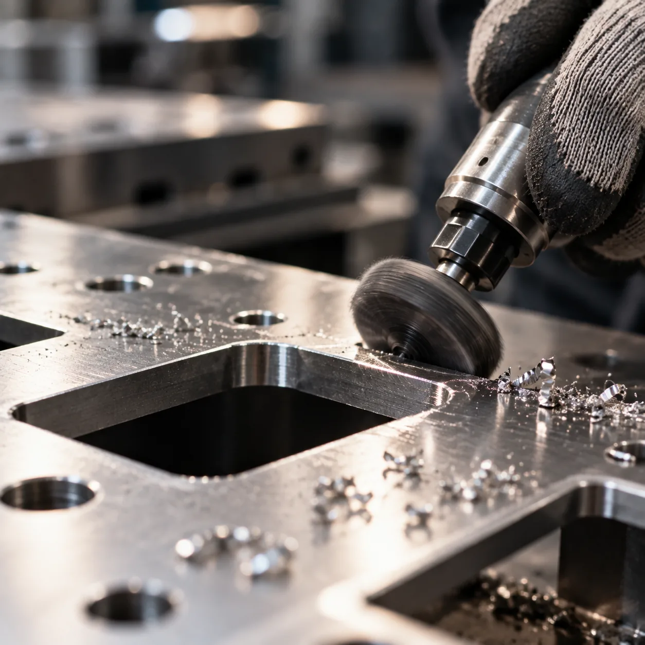 戴手套的手持旋转去毛刺工具沿板金件切割边缘走刀 — WERIX Metal precision sheet metal fabrication 戴手套的手持旋转去毛刺工具沿板金件切割边缘走刀