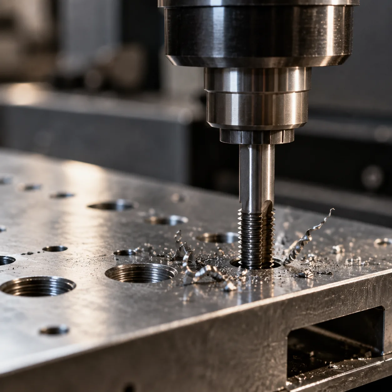 丝锥在板金板上攻出螺纹,切屑从排屑槽卷出 — WERIX Metal precision sheet metal fabrication 丝锥在板金板上攻出螺纹,切屑从排屑槽卷出