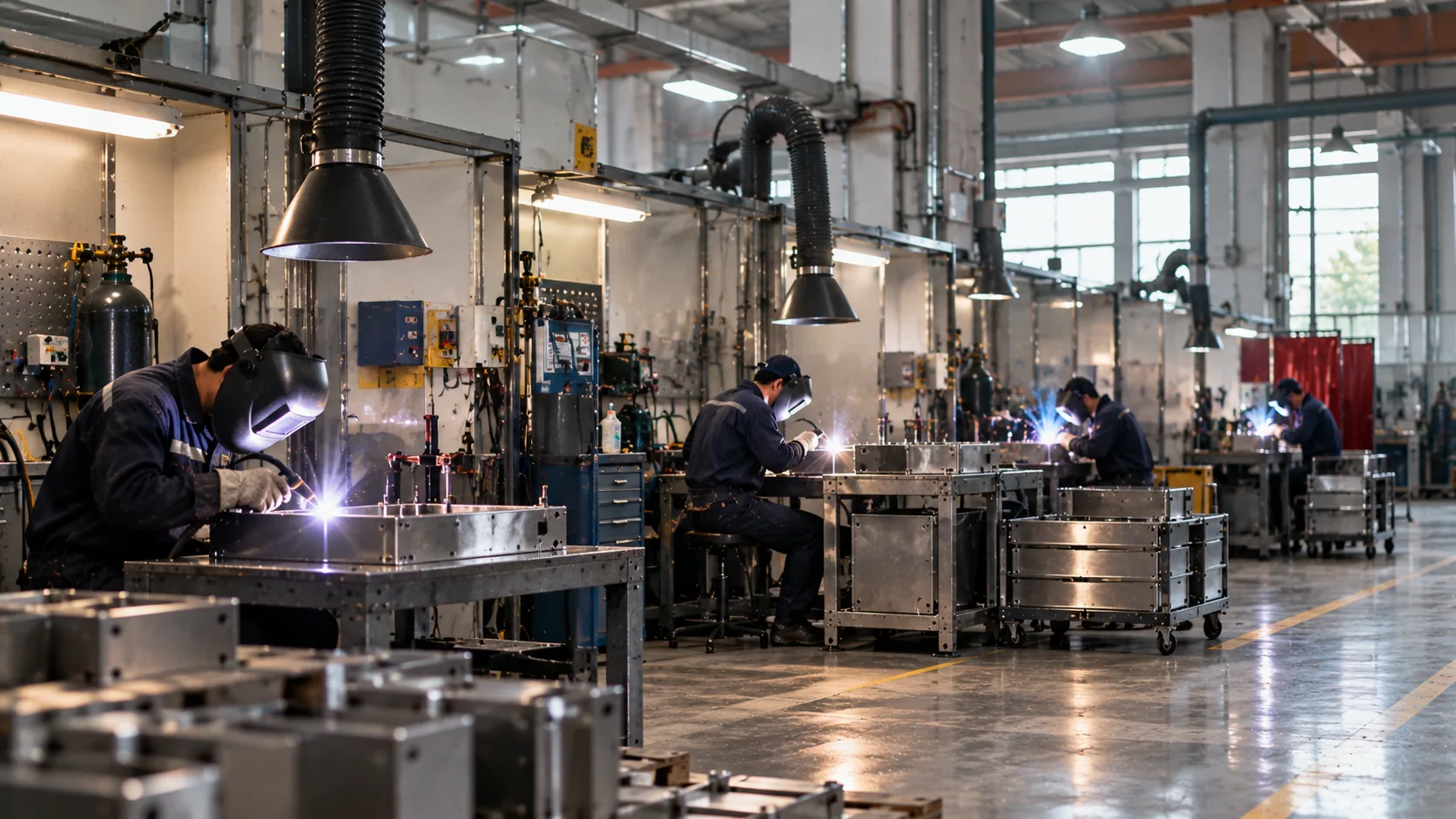 Welding center — dedicated MIG and TIG stations where frames, enclosures and leak-tight seams are joined Centro de soldadura — soldadores unen marcos y alojamientos de chapa en puestos MIG y TIG dedicados