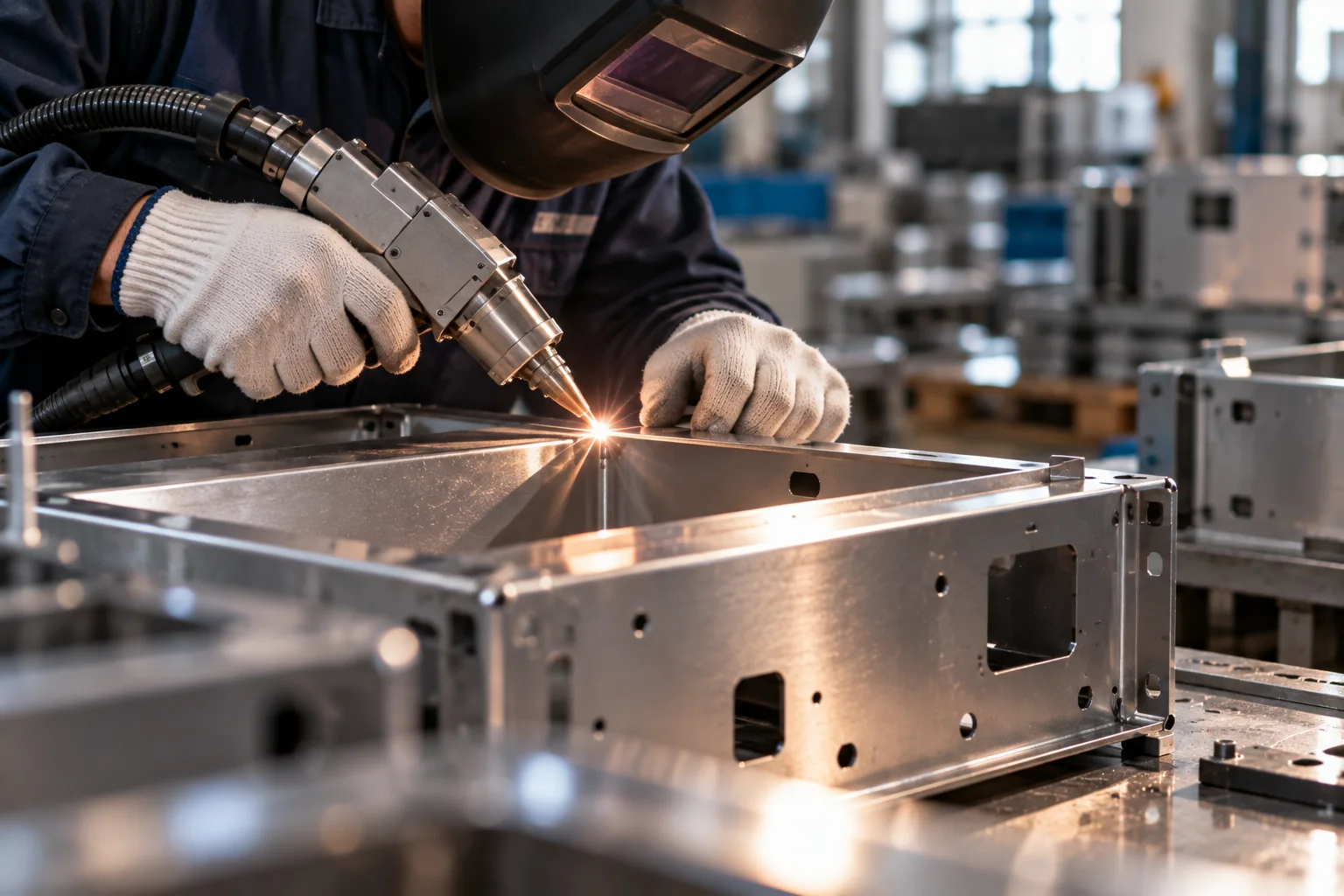 自社工場で板金製ケースの角をTIG溶接する作業者、溶接部に火花 — WERIX Metal 自社工場で板金製ケースの角をTIG溶接する作業者、溶接部に火花