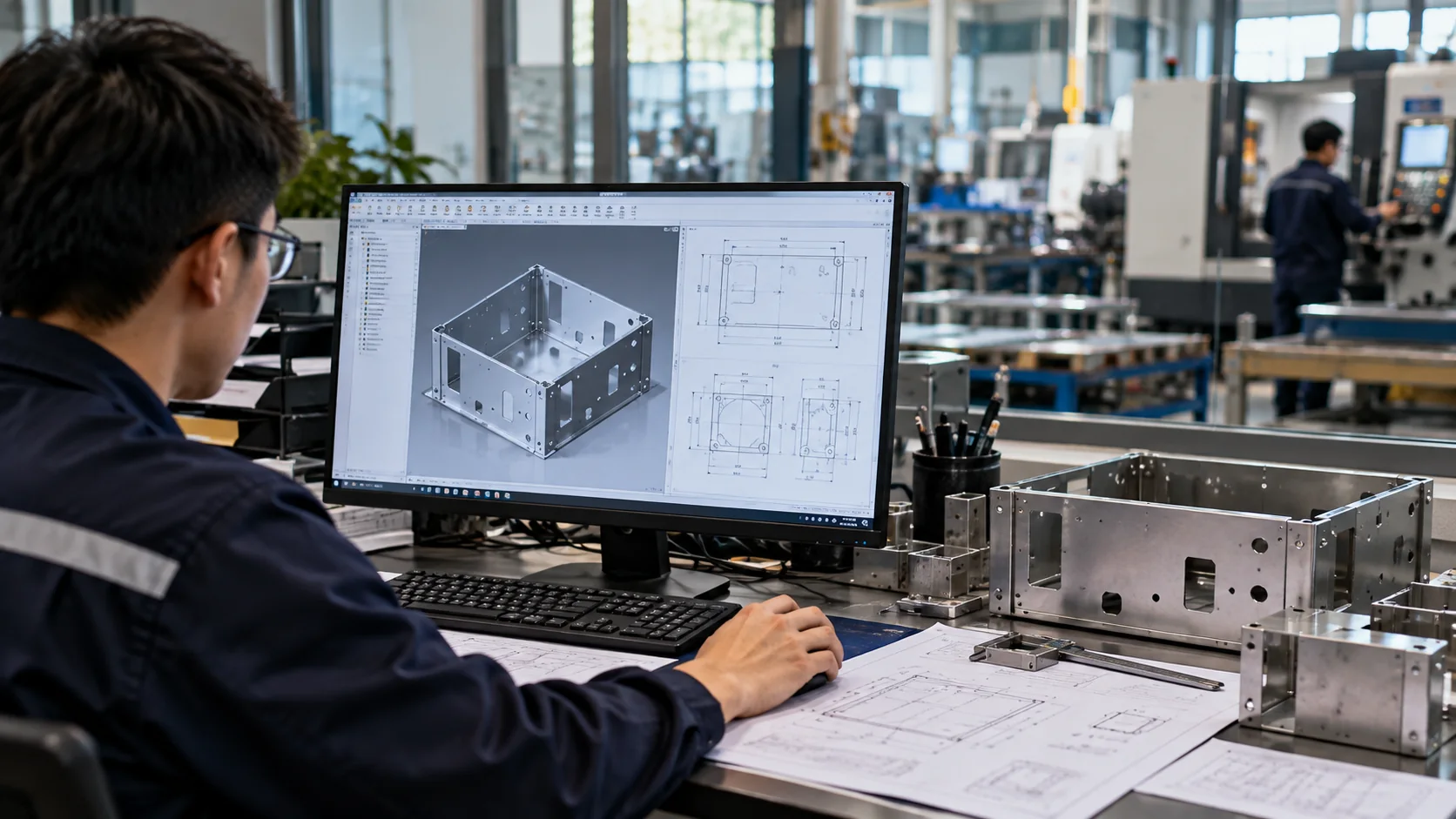 エンジニアが板金製ケースの3Dモデルと図面を照らし合わせている様子、机上にサンプルと Vernier caliper — WERIX Metal エンジニアが板金製ケースの3Dモデルと図面を照らし合わせている様子、机上にサンプルと Vernier caliper