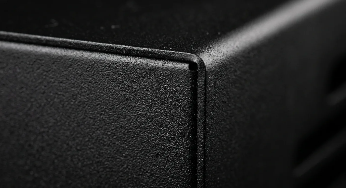 Powder coated metal corner detail — satin matte RAL finish on sheet metal