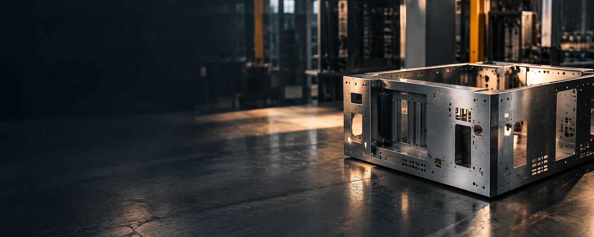 Formed and pierced sheet metal chassis on the shop floor — the class of part these material data sheets are specified for