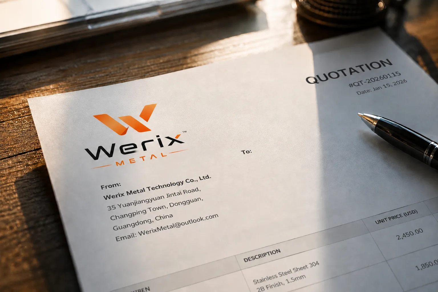 Werix Metal sheet metal quotation document — engineering pricing and material specifications reference
