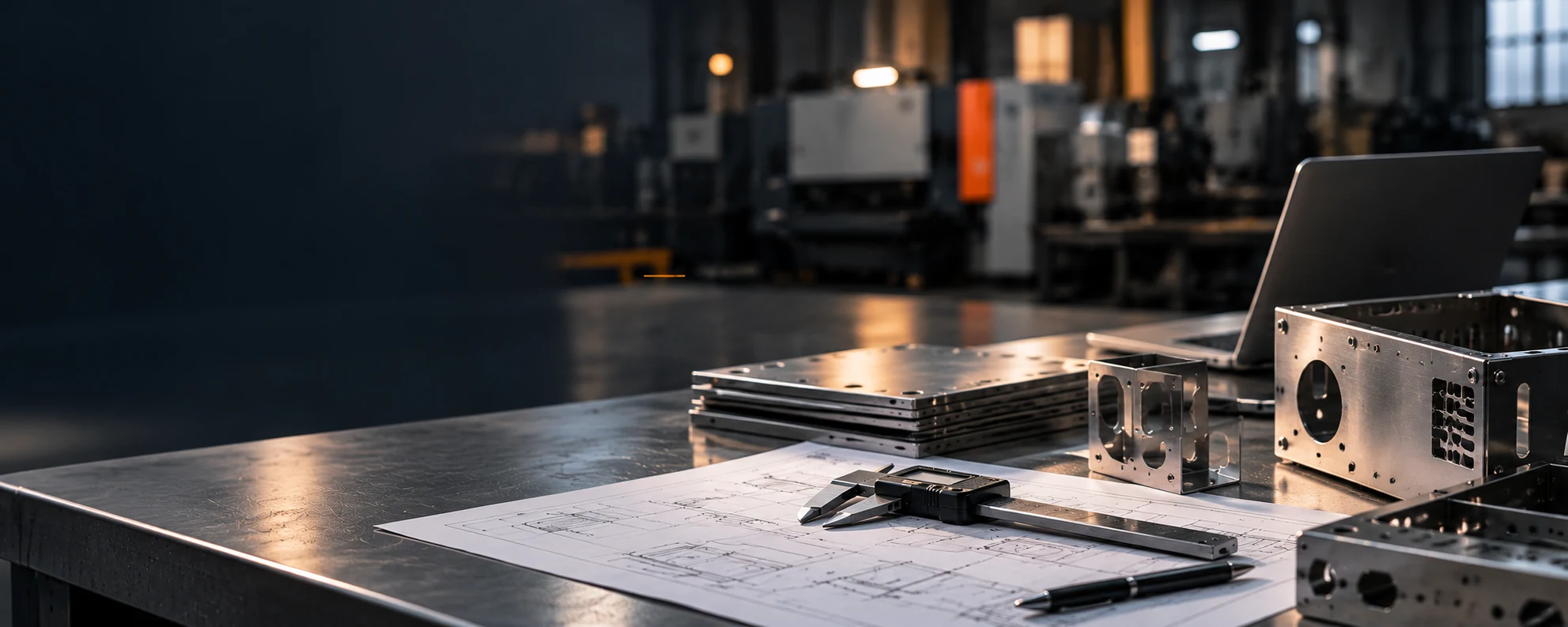Shop-floor workbench with sheet metal drawings, a caliper and fabricated parts
